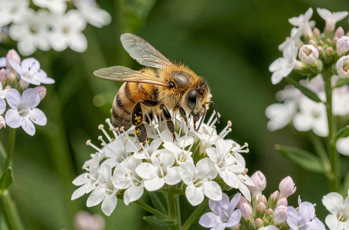 Abeille butinant une fleur de Colina Josta entourée de plantes compagnes comme la phacélie pour stimuler la pollinisation
