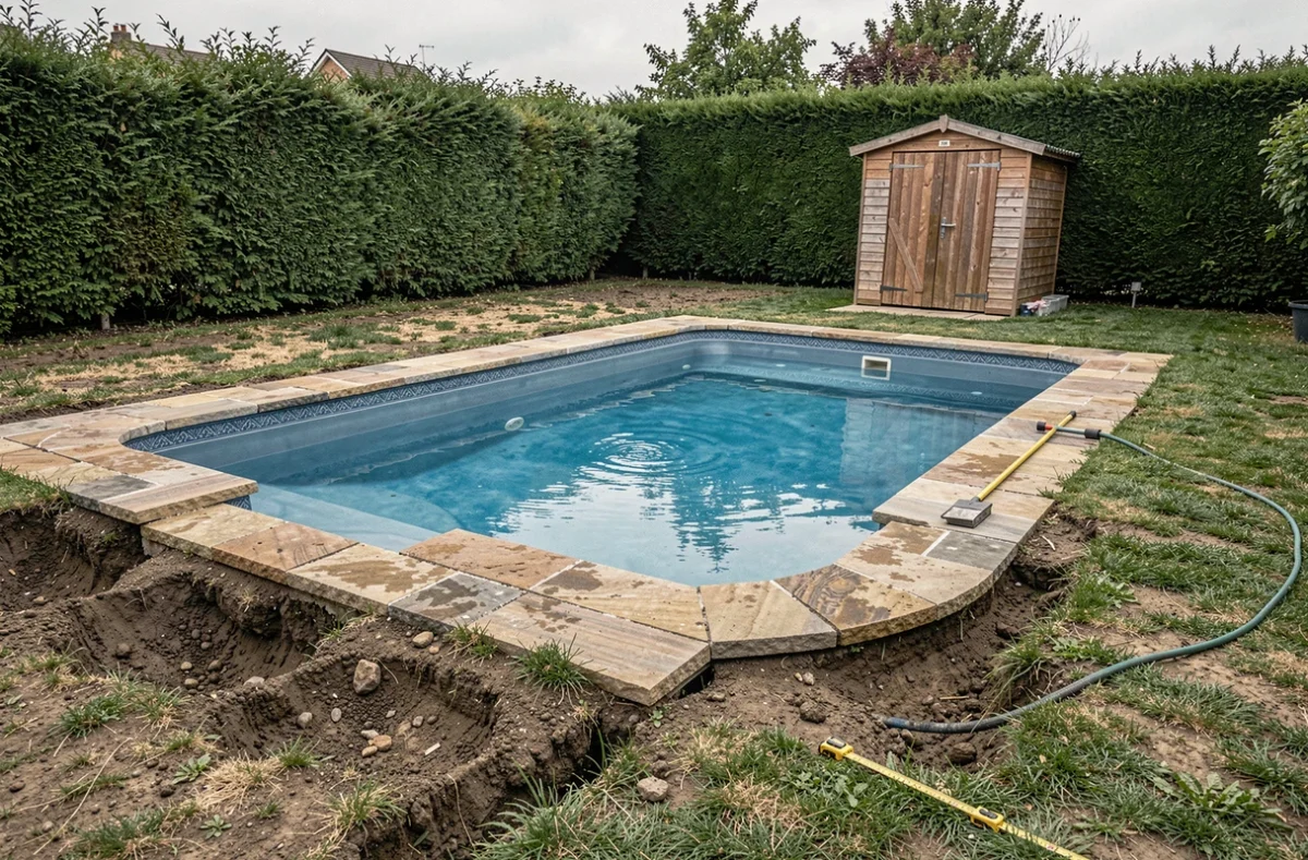 Piscine coque affaissée avec décalage visible du margellage et sol perturbé autour du bassin