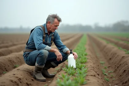 Agriculteur lisant l'étiquette d'un herbicide au glyphosate dans un champ cultivé au printemps
