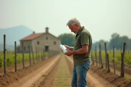 Agriculteur français tenant une bouteille de 1 litre d'herbicide dans un champ de vigne en Espagne et lisant l'étiquette réglementaire