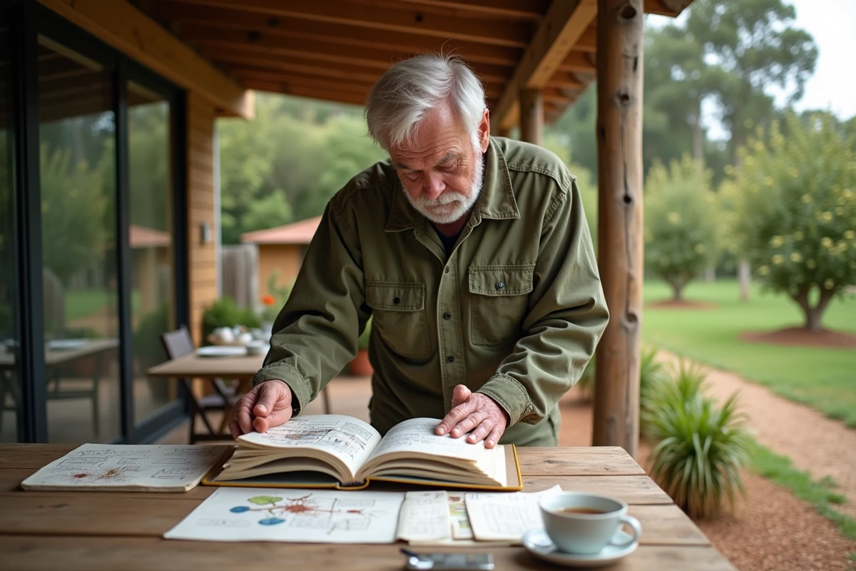Agriculteur consultant un livre de permaculture et agroécologie à une table en bois avec des plans de jardinage et des sachets de graines