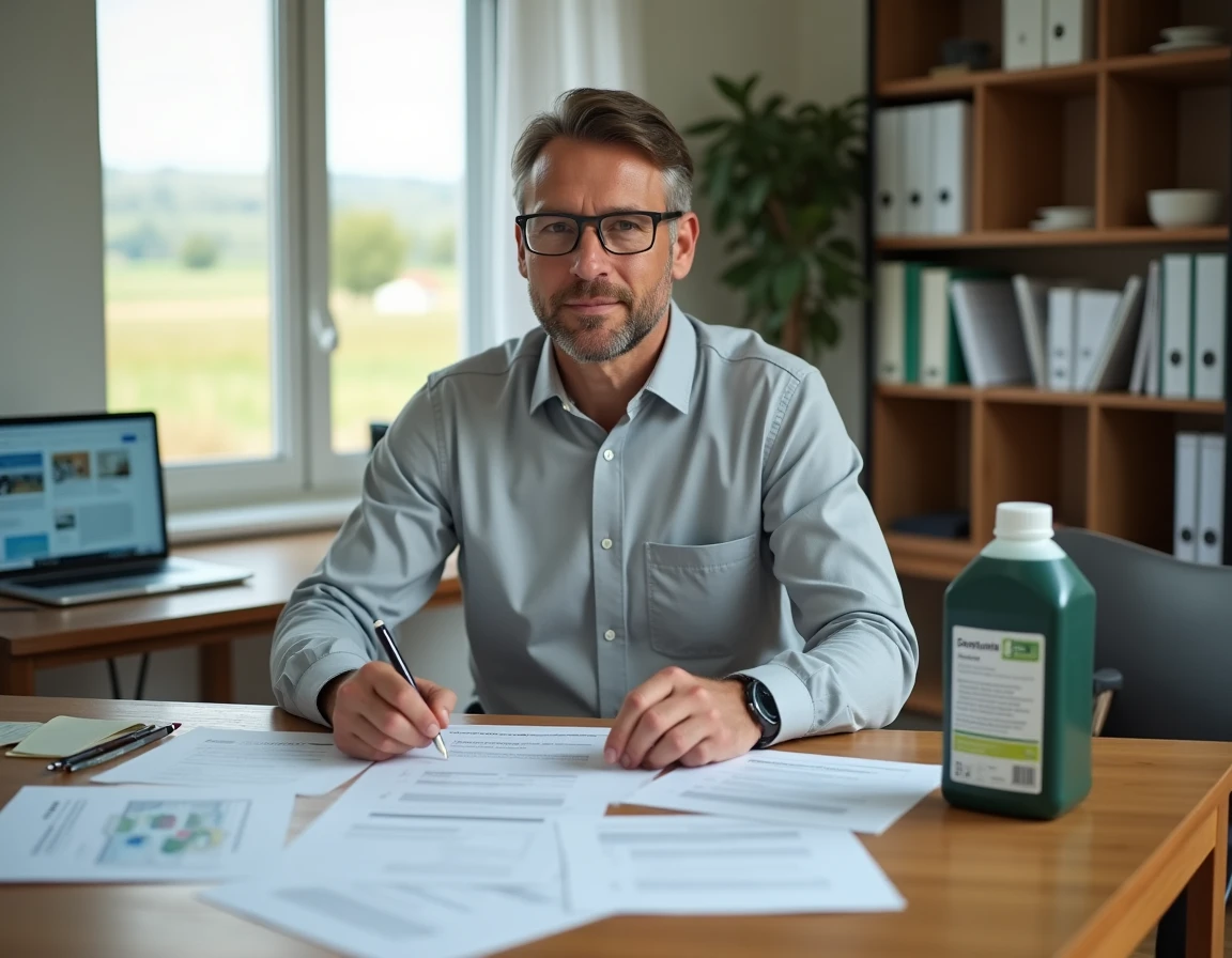 Agronome consultant des documents réglementaires français et espagnols sur le glyphosate avec une bouteille d'herbicide d'un litre sur un bureau