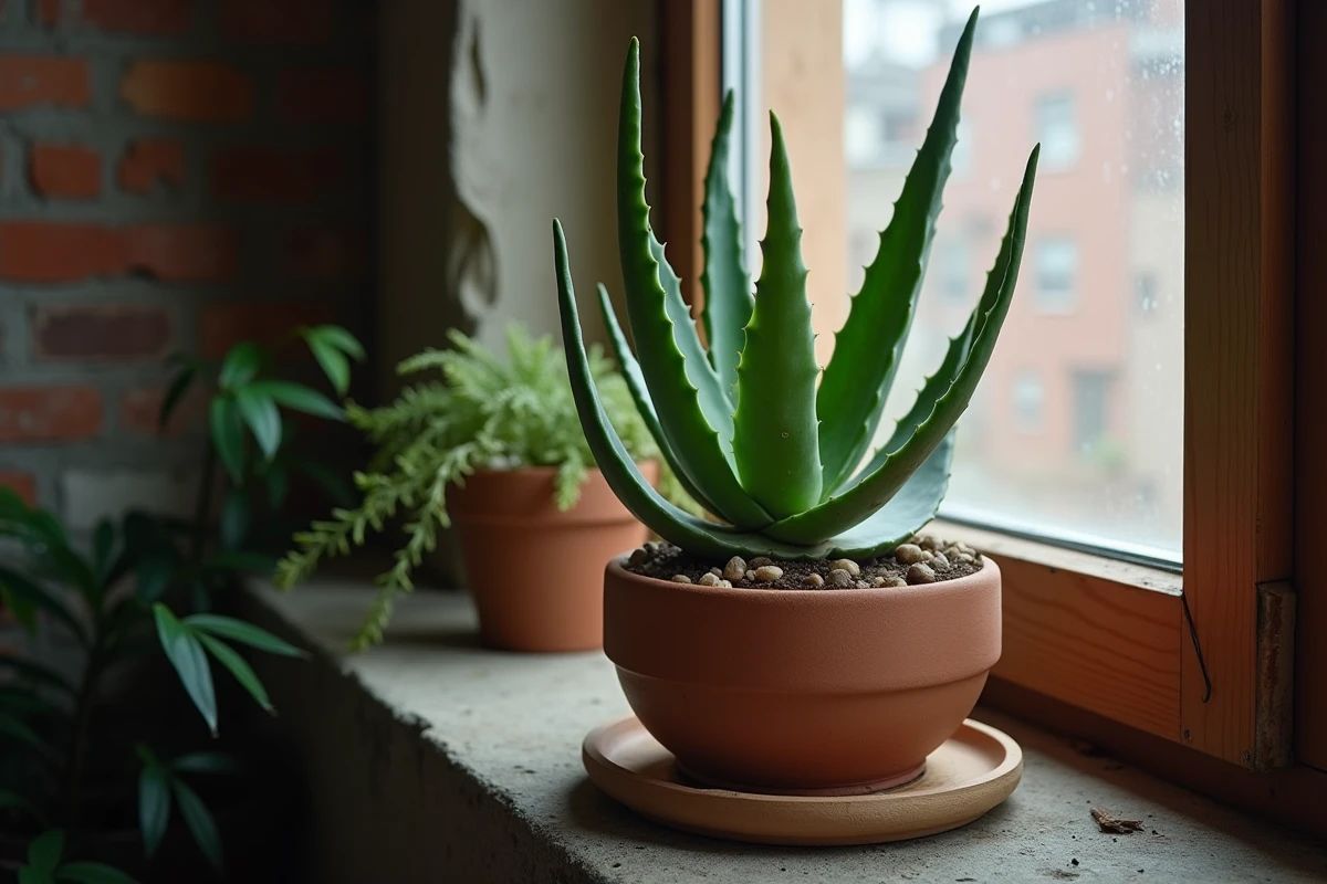 Plante aloe vera en pot sur le rebord d'une fenêtre d'appartement sombre