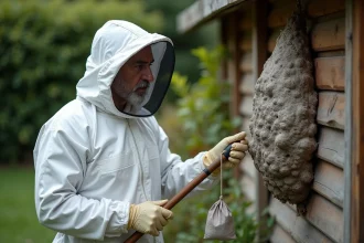 Apiculteur en combinaison de protection inspectant un nid de frelon asiatique sur une remise de jardin
