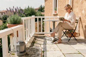 Appât mouches discret posé sur une rambarde de terrasse en bois blanc à côté d'une plante de lavande en pot, femme lisant en arrière-plan