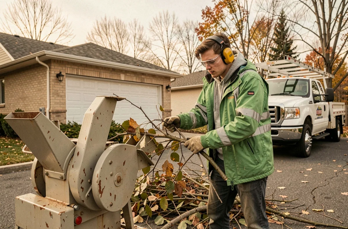 Apprenti arboriste utilisant un broyeur de branches lors d'un travail d'élagage résidentiel à Laval