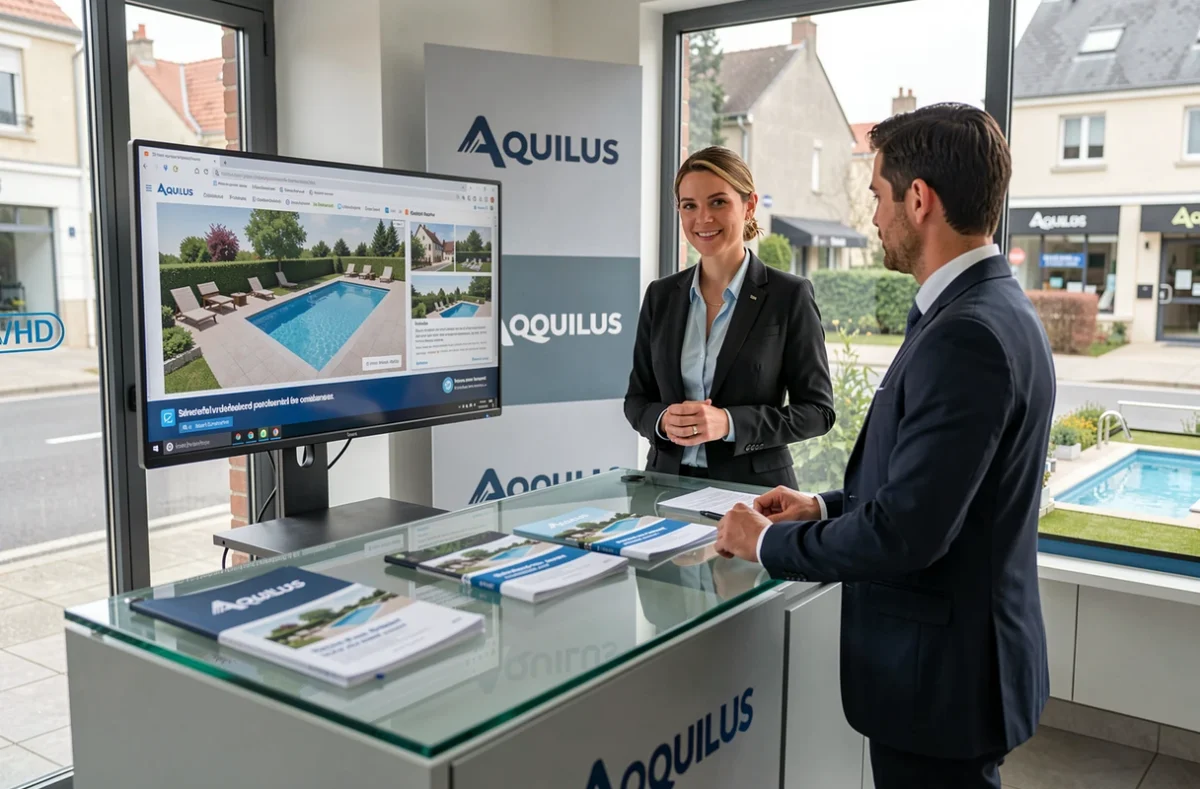 Conseillère de l'agence Aquilus Piscines en Seine-et-Marne présentant un projet de piscine sur écran à un client