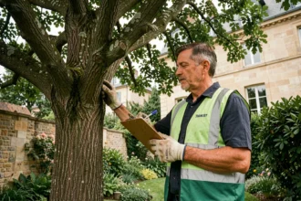 Arboriste professionnel évaluant un chêne dans un jardin bordelais pour établir un devis d'élagage