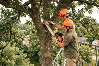 Arboriste professionnel en train d'élaguer un grand chêne depuis une nacelle élévatrice dans un quartier résidentiel