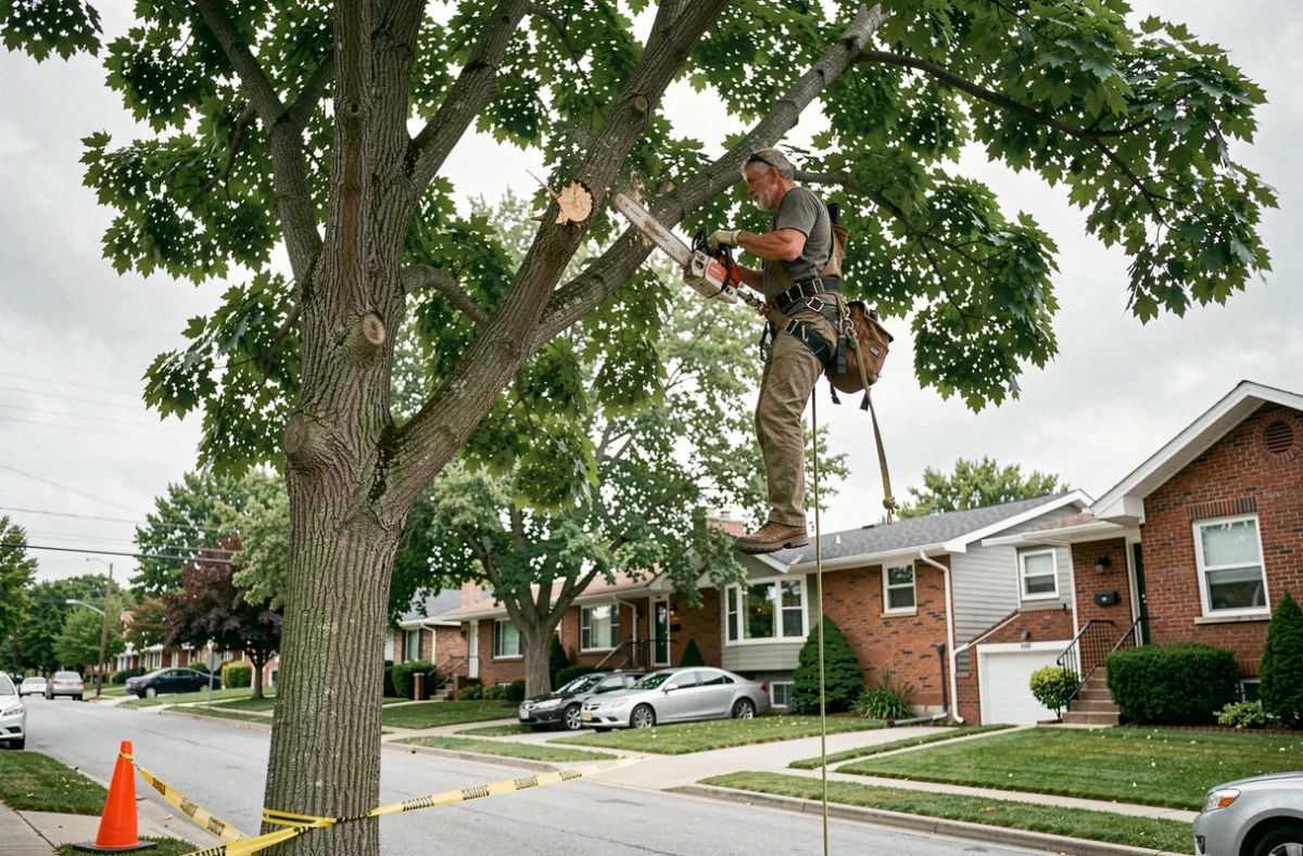 Arboriste en hauteur dans un érable avec une tronçonneuse lors d'un élagage sur une rue résidentielle à Laval