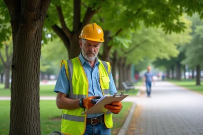 Arboriste examinant des feuilles de m&ucirc;rier dans un parc urbain