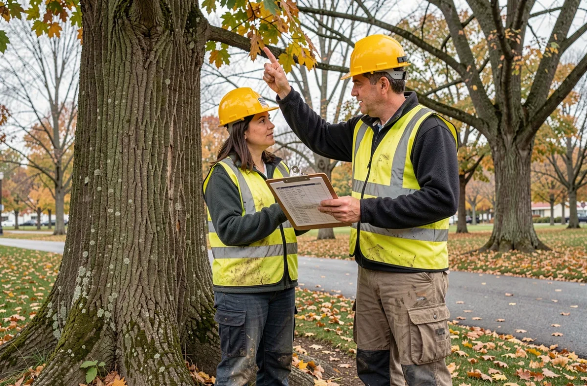 Deux arboristes évaluant un érable dans un parc public à Laval avant un élagage