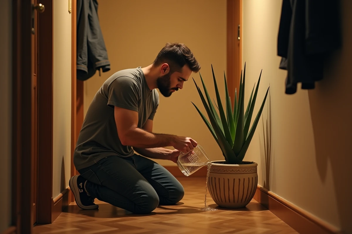 Homme arrosant un aloe vera dans un couloir d'appartement sans fenêtre