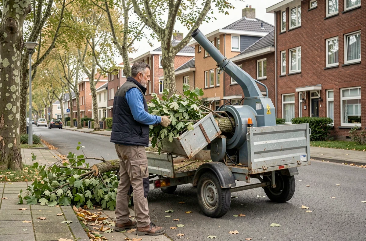 Artisan élagueur chargeant des branches dans un broyeur de végétaux dans une rue résidentielle du Nord