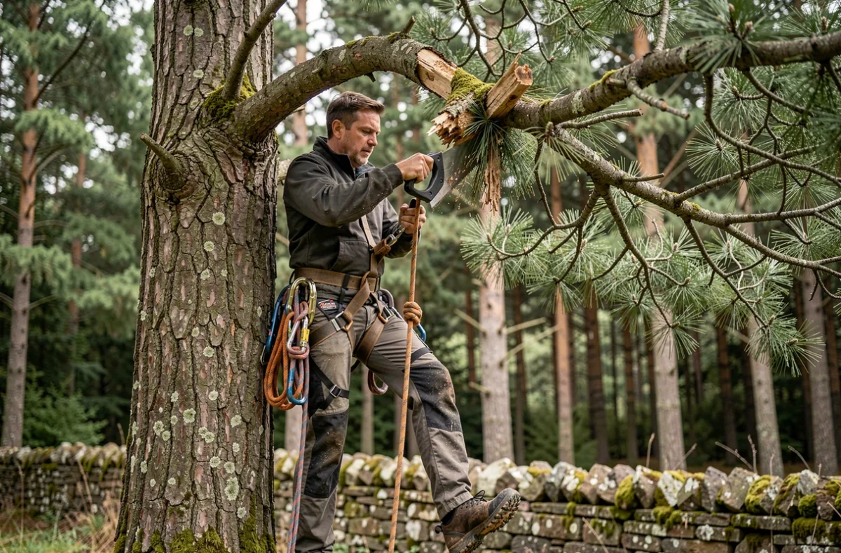 Élagueur spécialisé en action dans un pin en forêt bretonne avec équipement d'élagage professionnel