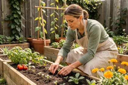 Femme jardinière qui repique des plants en association au potager surélevé au printemps