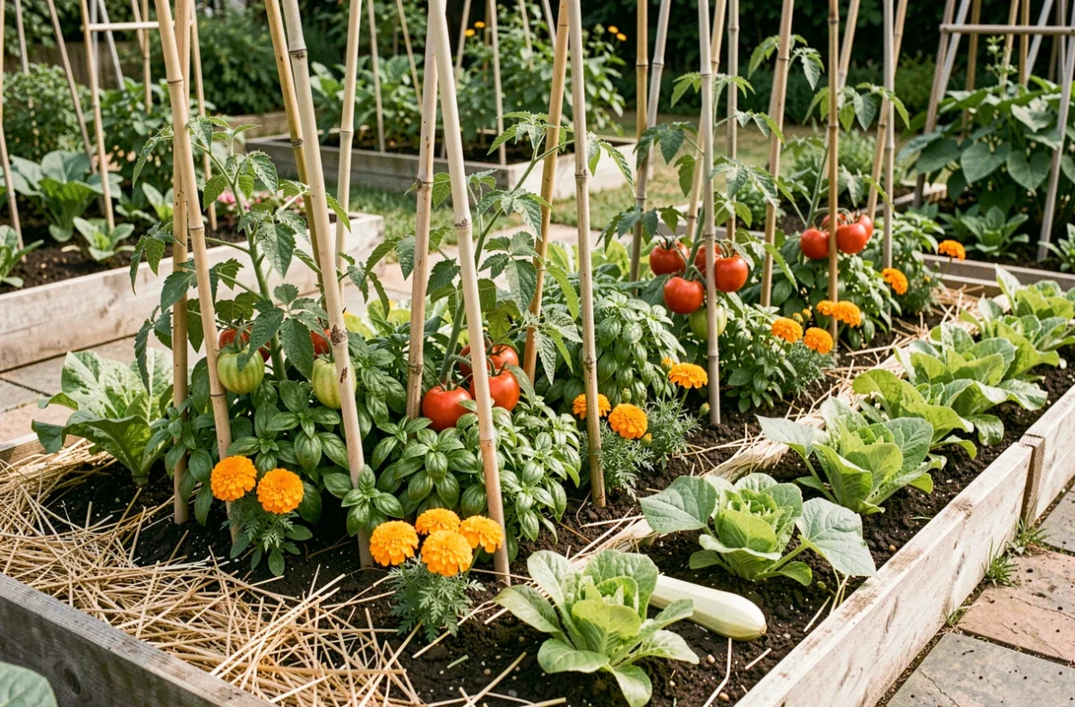 Association de tomates, basilic et œillets d'Inde dans un potager productif en été