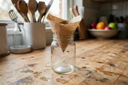 Attrape moucherons fait maison avec un bocal en verre et un entonnoir en papier posé sur un comptoir de cuisine en bois