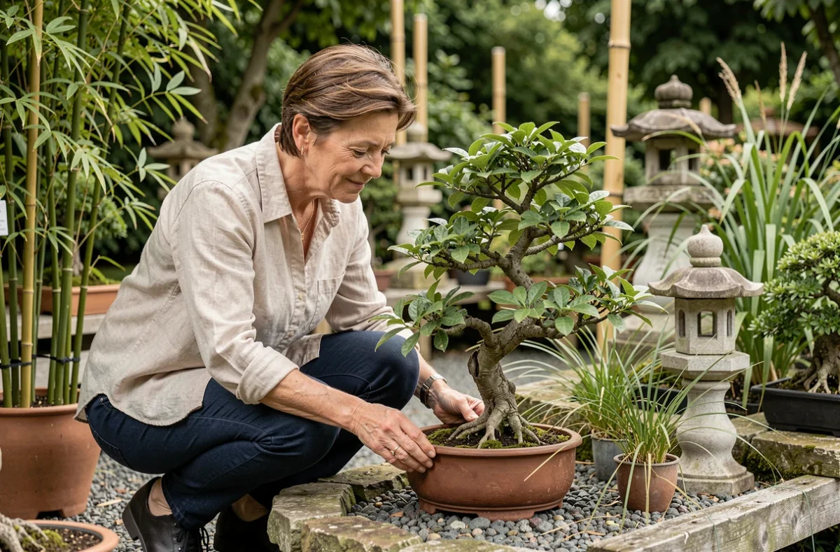 Espace de vente d'Au Jardin de Jade en Franche-Comté avec des bonsaïs, des bambous et des lanternes en pierre dans un décor d'inspiration japonaise
