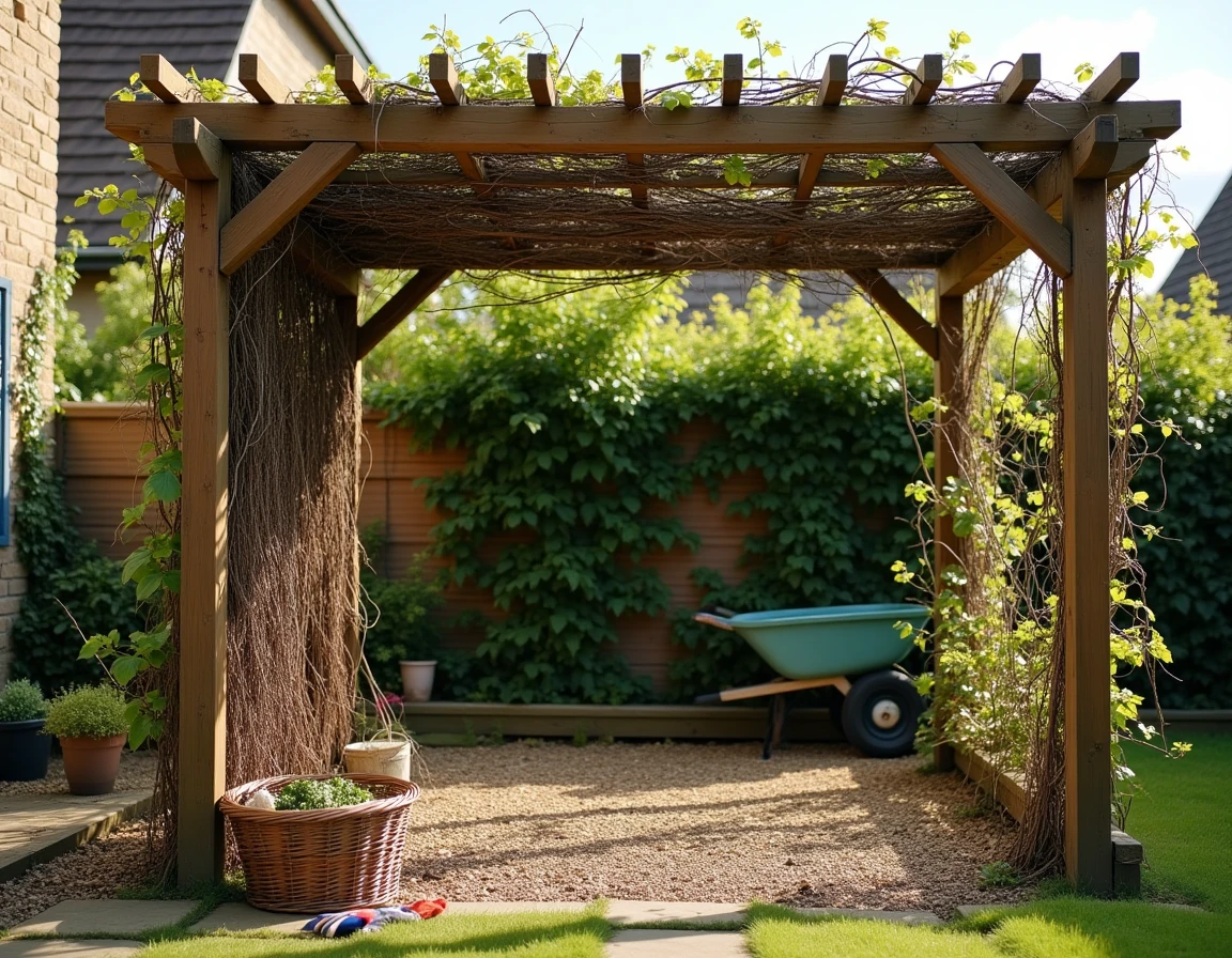 Vue d'ensemble d'une pergola avec rosiers grimpants partiellement taillés, montrant le contraste entre branches enchevêtrées et structure ordonnée
