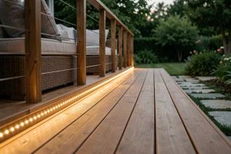 Bande LED solaire installée sous la rambarde d'une terrasse en bois au crépuscule, éclairant doucement le jardin