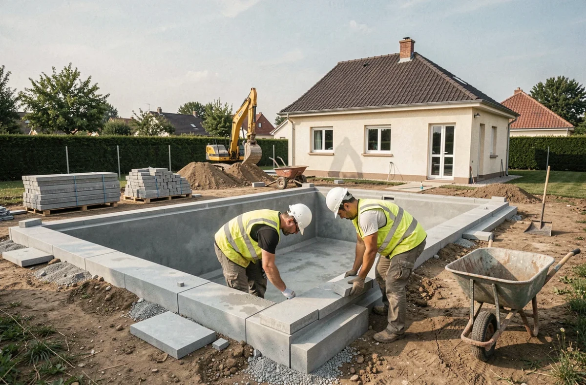 Ouvriers de Bâtir en Bleu posant les margelles d'une piscine en construction dans un jardin de Seine-et-Marne