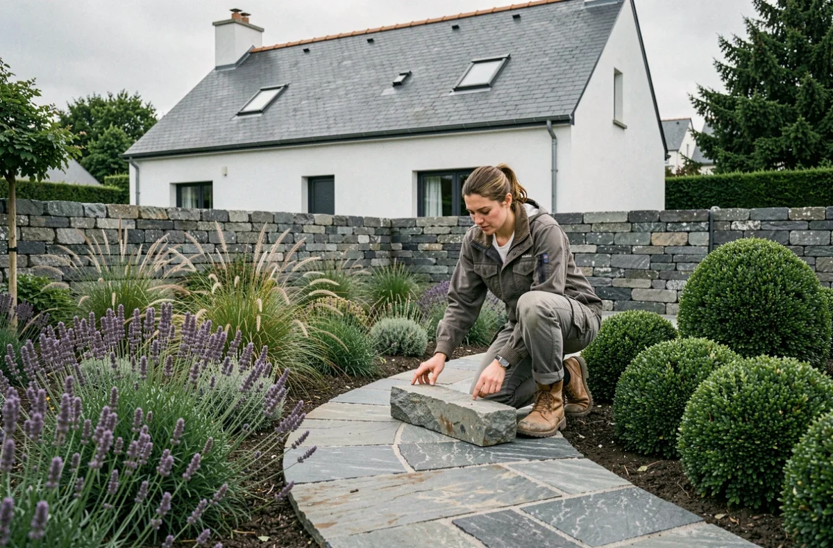 Aménagement paysager contemporain à Quimper avec pose de chemin en pierre et plantes ornementales