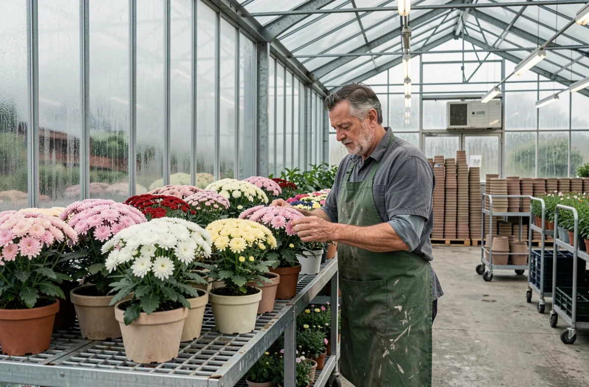Horticulteur de Boichard Horticulture en Franche-Comté arrangeant des chrysanthèmes en pots sur des tables de serre professionnelles