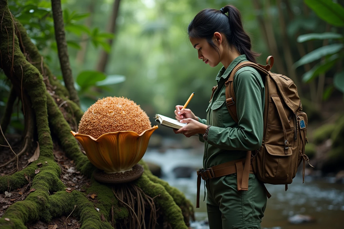 Botaniste prenant des notes de terrain devant un bouton floral de Rafflesia arnoldii dans la jungle