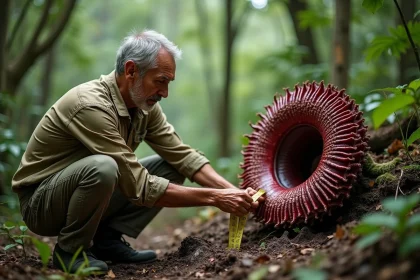Botaniste de terrain mesurant une Rafflesia arnoldii en fleur dans la forêt tropicale de Sumatra