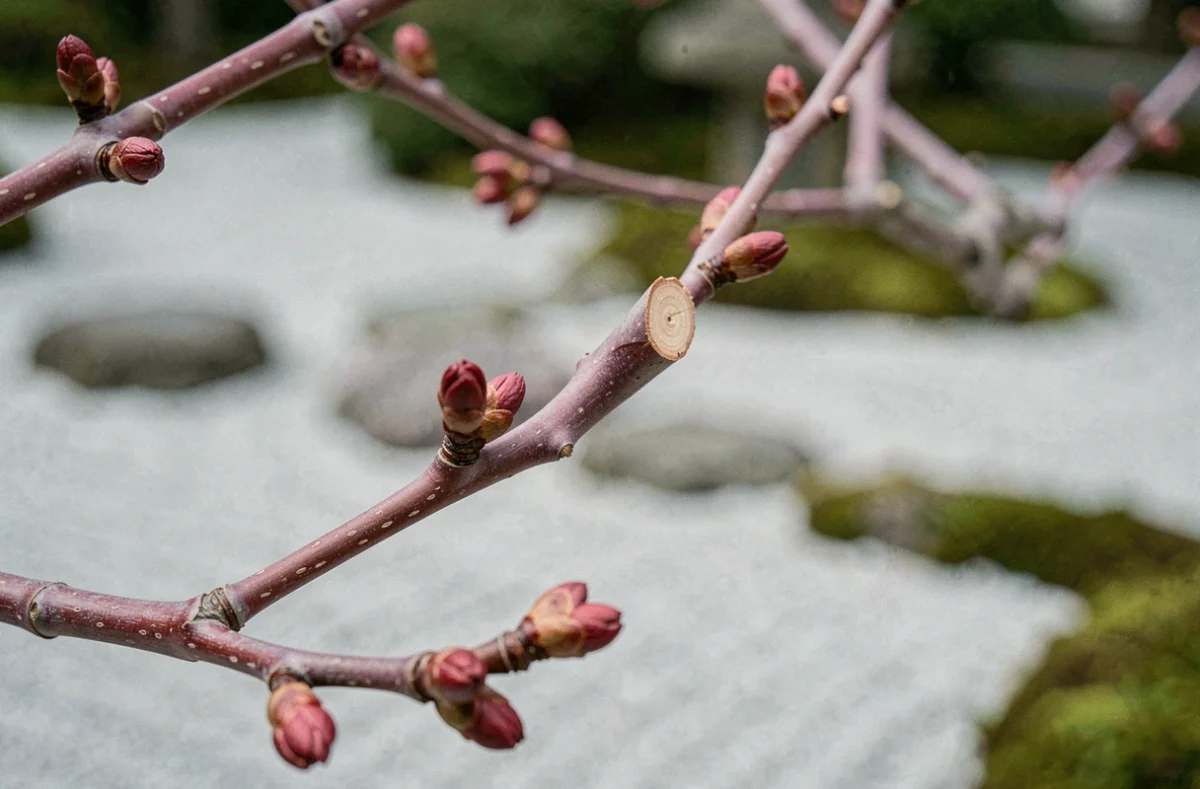 Gros plan sur les bourgeons naissants d'un érable du Japon après taille hivernale