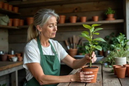 Femme jardiniÃ¨re inspectant un bouturage de chèvrefeuille dépérissant dans un pot en terre cuite sur un établi en bois