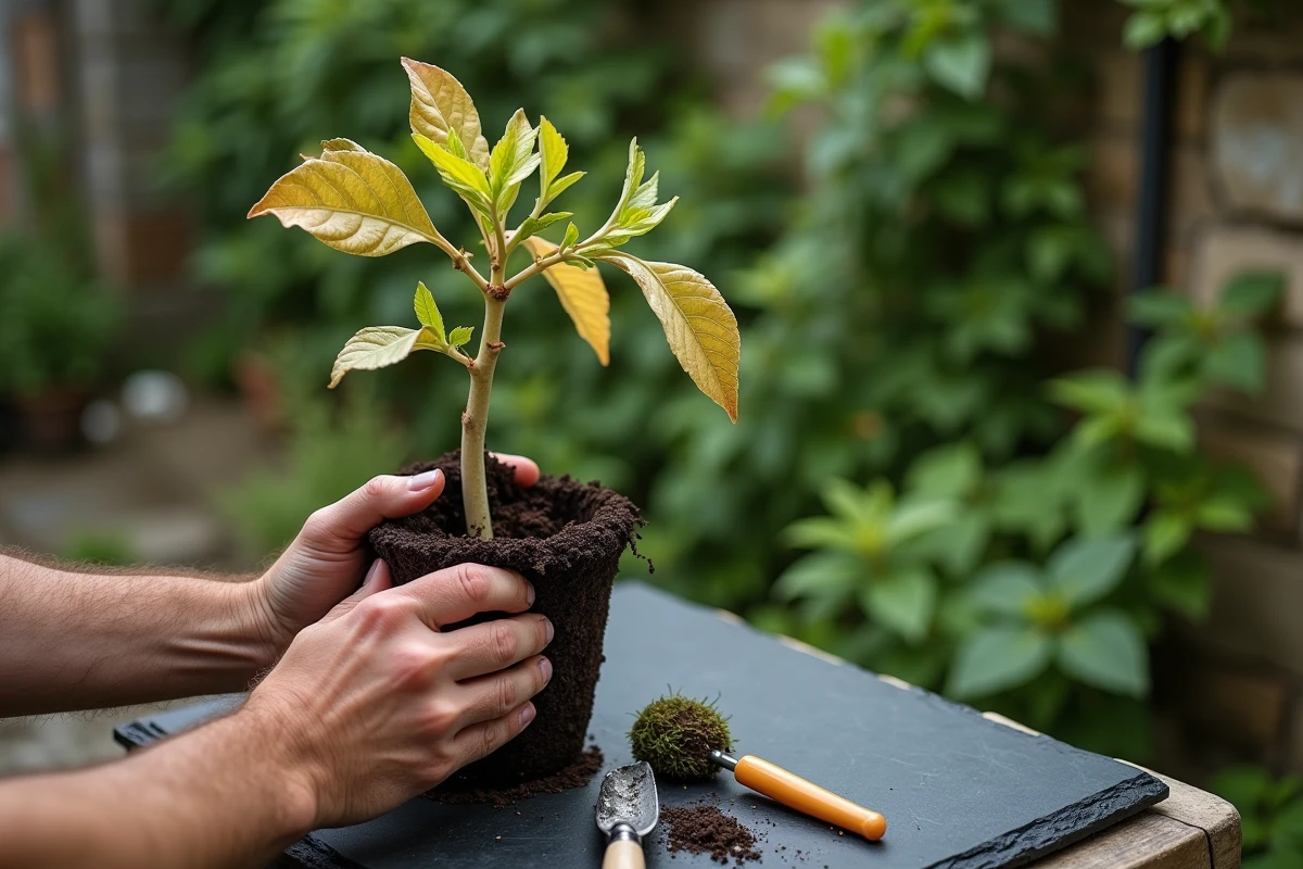 Mains d'homme retirant un bouturage de chèvrefeuille dépérissant du sol avec des outils de jardinage sur une table en ardoise