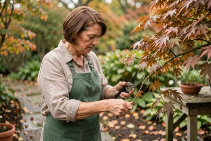 Femme effectuant un bouturage d'érable du Japon dans un jardin automnal avec des sécateurs