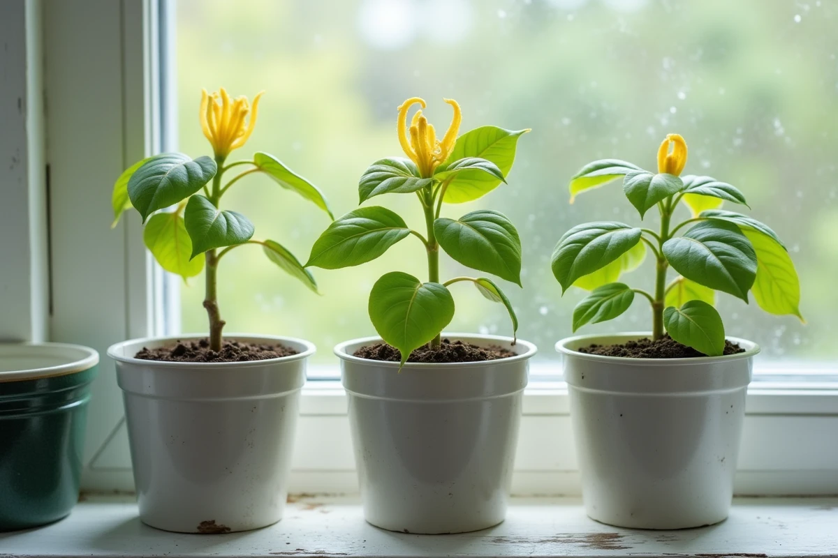 Trois bouturages de chèvrefeuille en godets sur un rebord de fenêtre, dont un dépérissant et deux en voie de reprise
