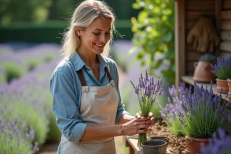 Femme effectuant une bouture de lavande avec un sécateur dans un jardin provençal fleuri