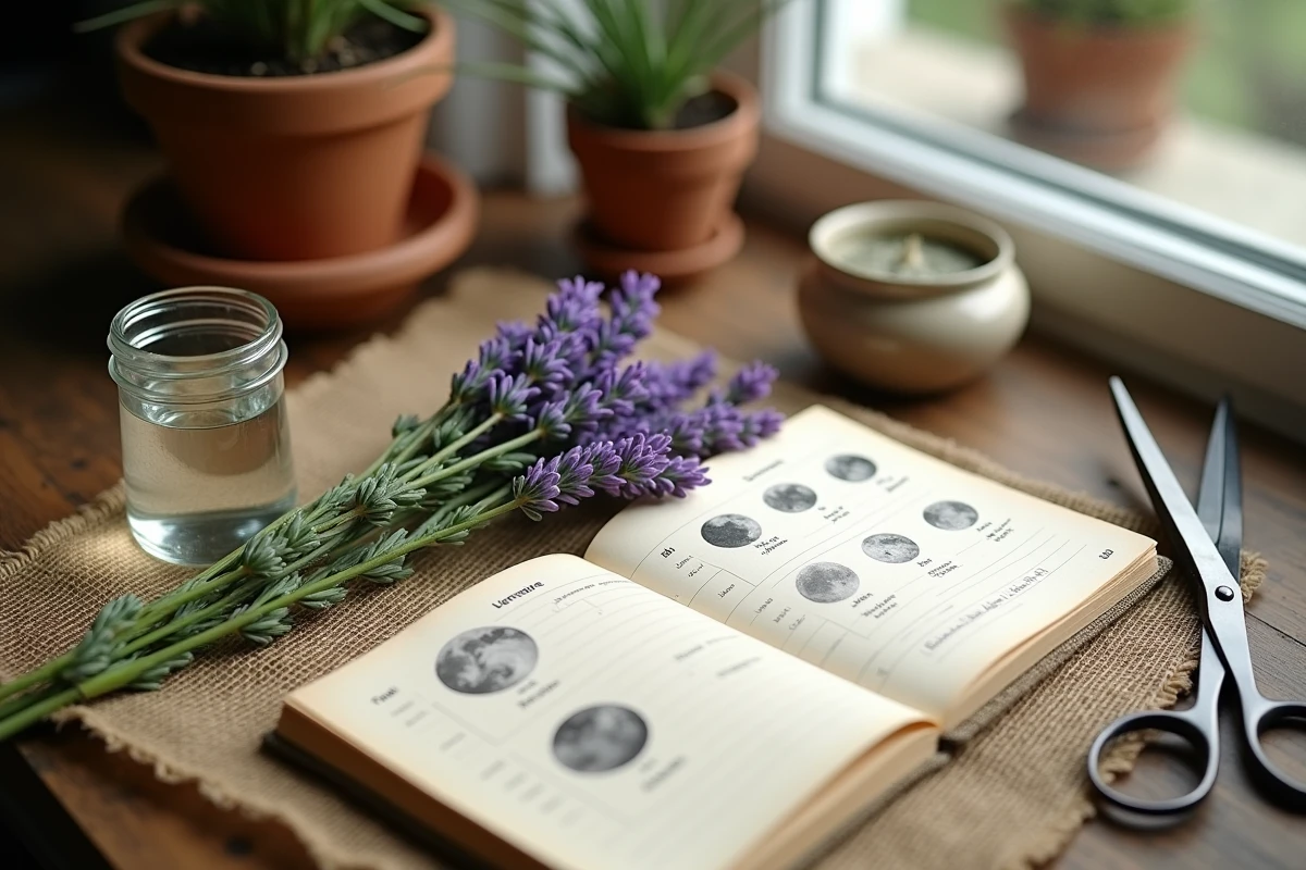 Boutures de lavande disposées sur une table avec un calendrier lunaire manuscrit et des outils de jardinage