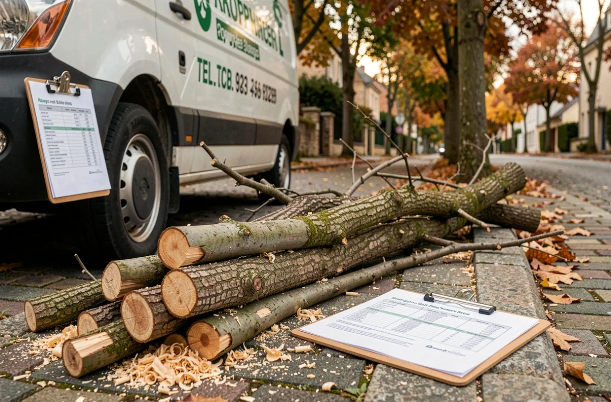 Branches élaguées et bon de travail d'une entreprise d'élagage posé sur un trottoir devant une maison en France
