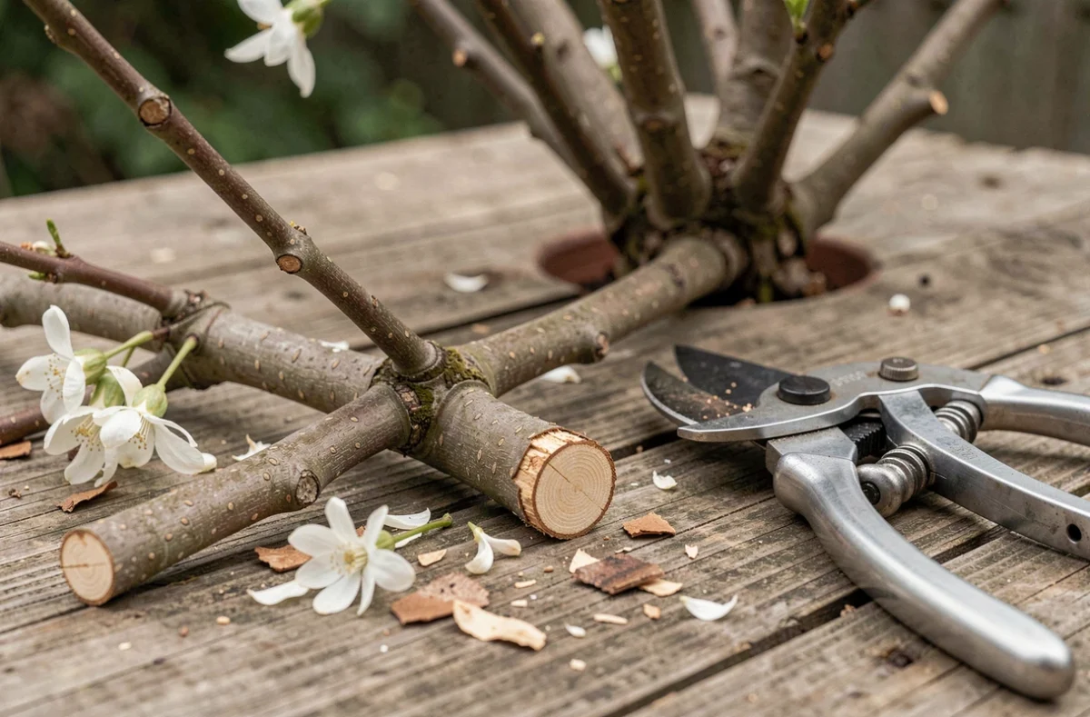 Gros plan sur des branches de seringat taillées posées sur une table de jardin en bois, avec un sécateur professionnel