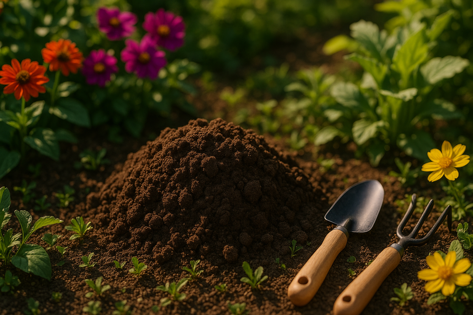 Gros plan sur une butte de taupe entourée de fleurs colorées