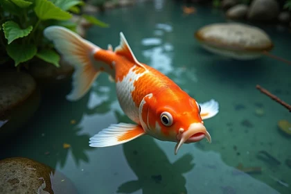 Carpe koï de grande taille aux écailles orange et noires nageant dans un bassin de jardin clair avec plantes aquatiques