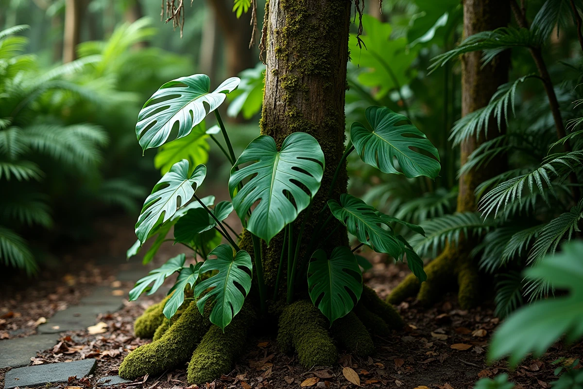Jeune plant de Ceriman aux feuilles entières grimpant sur un tronc moussu dans un jardin tropical luxuriant