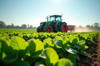 Champ agricole avec tracteur vert sous un ciel bleu ensoleille