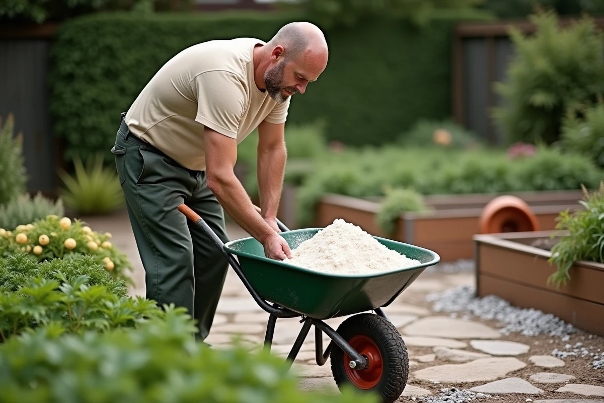Homme m&eacute;langeant de la chaux agricole dans un parterre de carottes fra&icirc;chement sem&eacute;es dans un jardin potager