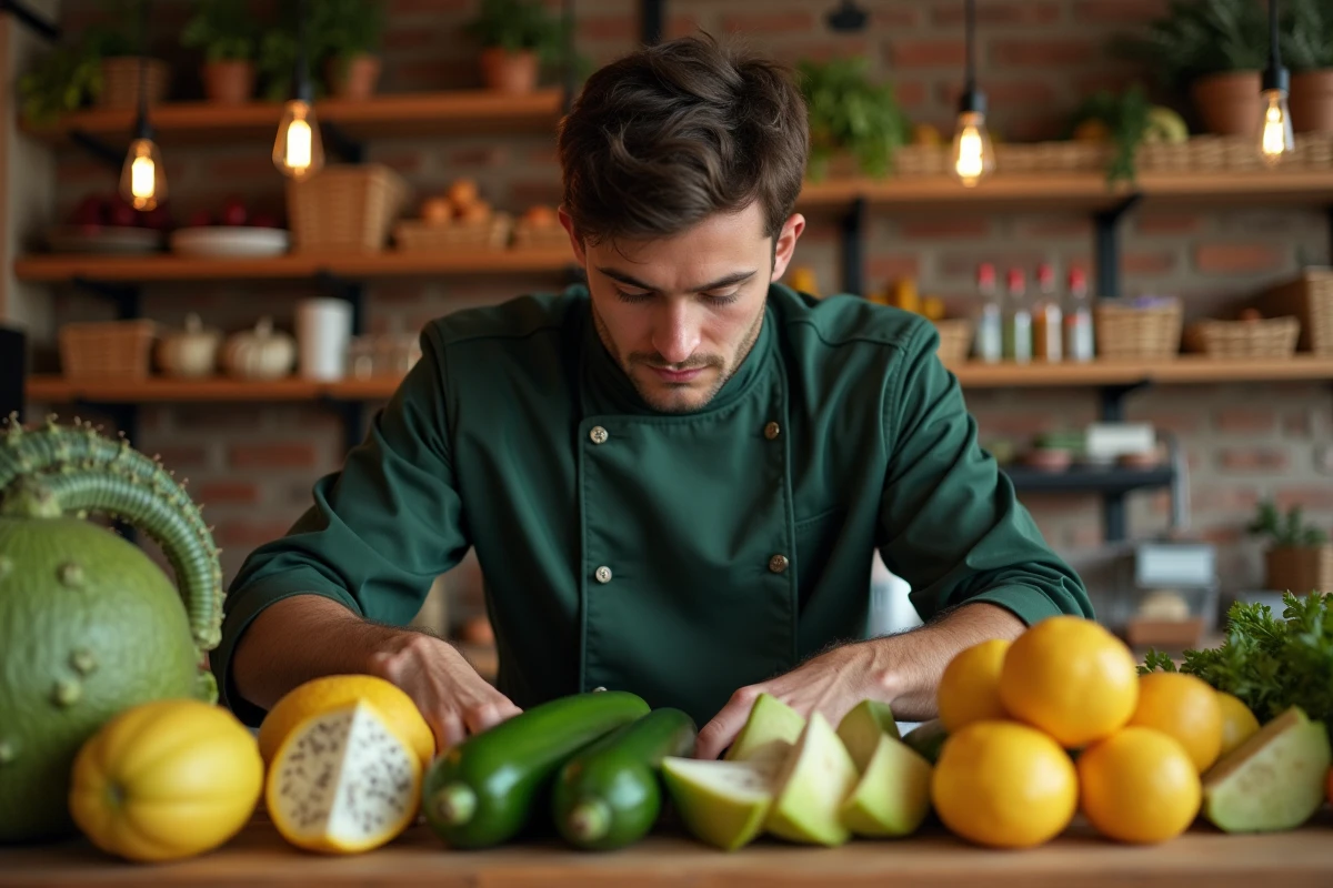 Jeune chef arrangeant des fruits et légumes en J dans une épicerie avec murs en briques apparentes