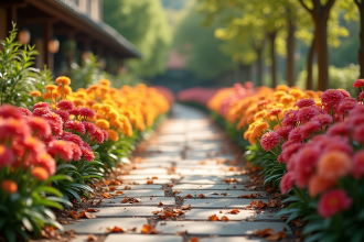 Chemin de jardin en U avec fleurs éclatantes en plein jour
