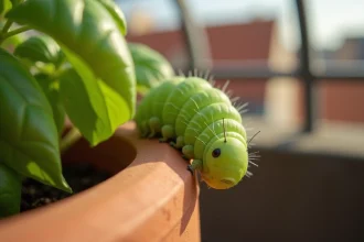 Petite chenille verte sur le bord d'un bac en terre cuite avec des feuilles de basilic grignotées sur un balcon