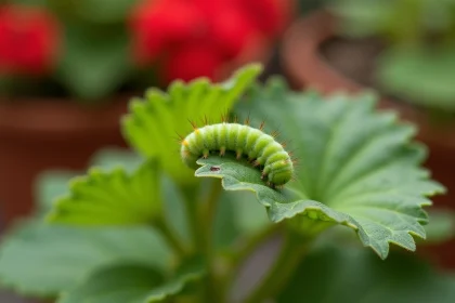 Petite chenille verte sur une feuille de géranium avec des trous de morsure visibles dans le jardin