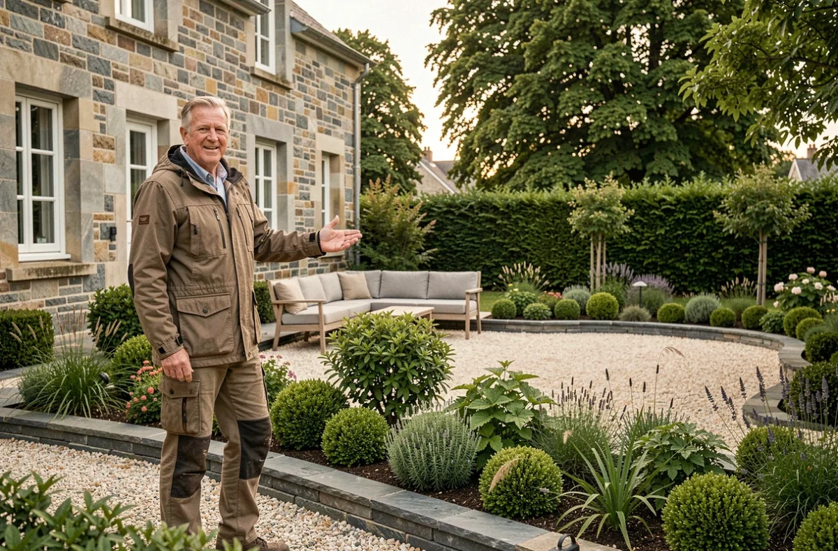 Paysagiste expérimenté présentant un jardin breton aménagé avec bordures ornementales et maison en granit