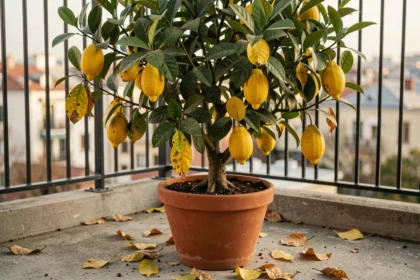 Citronnier en pot sur balcon urbain avec feuilles jaunissantes et tombantes dans un pot en terre cuite